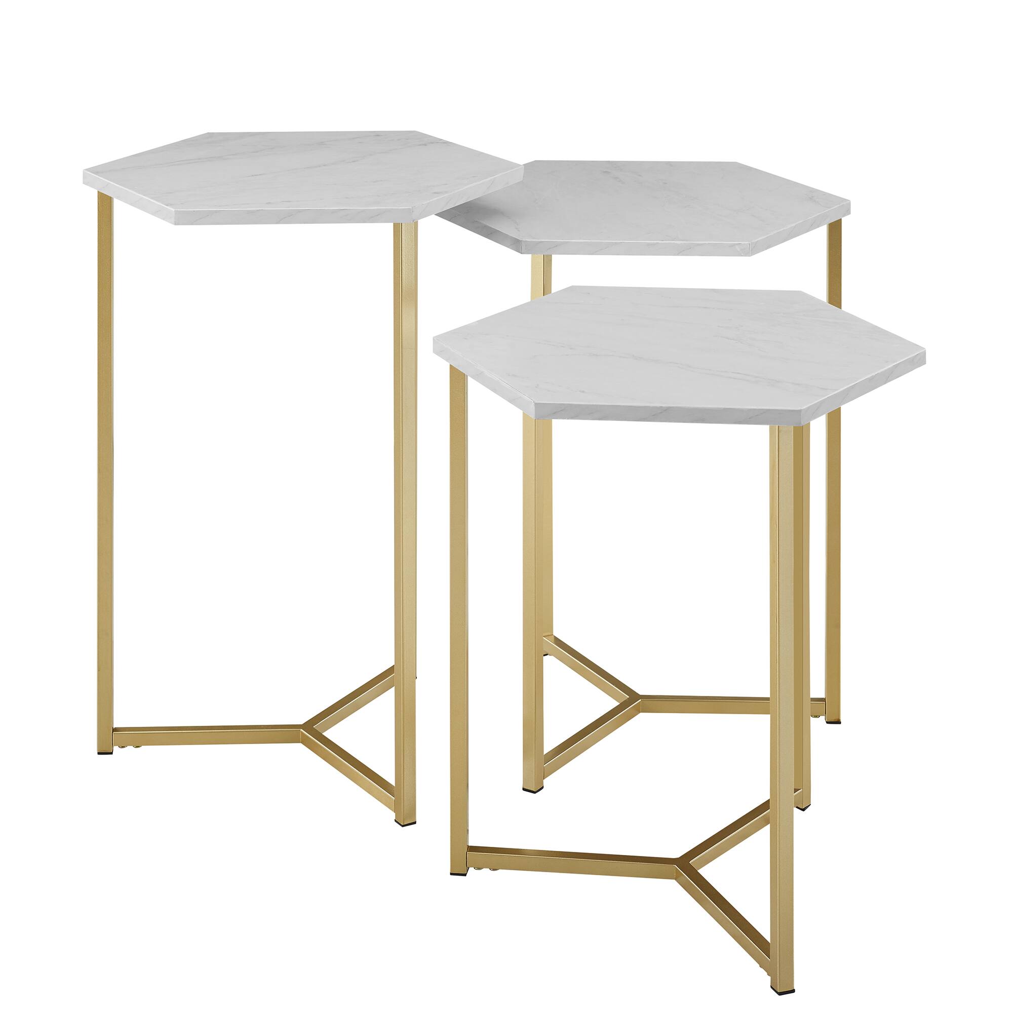 Walker Edison Faux White Marble/Gold Hexagon Modern Nesting Tables Set